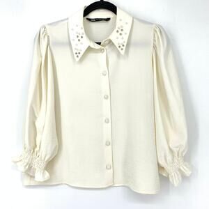 Zara Shirt Women's Sz XS Embellished Collar Button Front Ivory Long Sleeve *READ